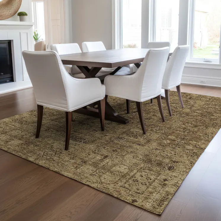 9' X 12' Brown And Taupe Floral Washable Indoor Outdoor Area Rug