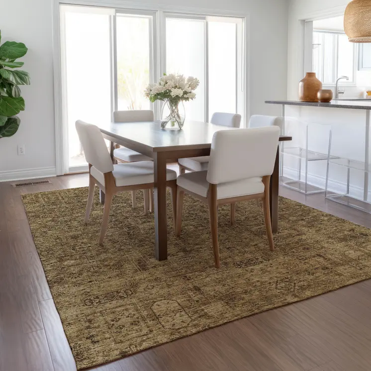 9' X 12' Brown And Taupe Floral Washable Indoor Outdoor Area Rug