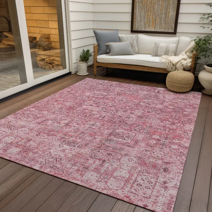 5' X 8' Pink Blush And Charcoal Floral Washable Indoor Outdoor Area Rug