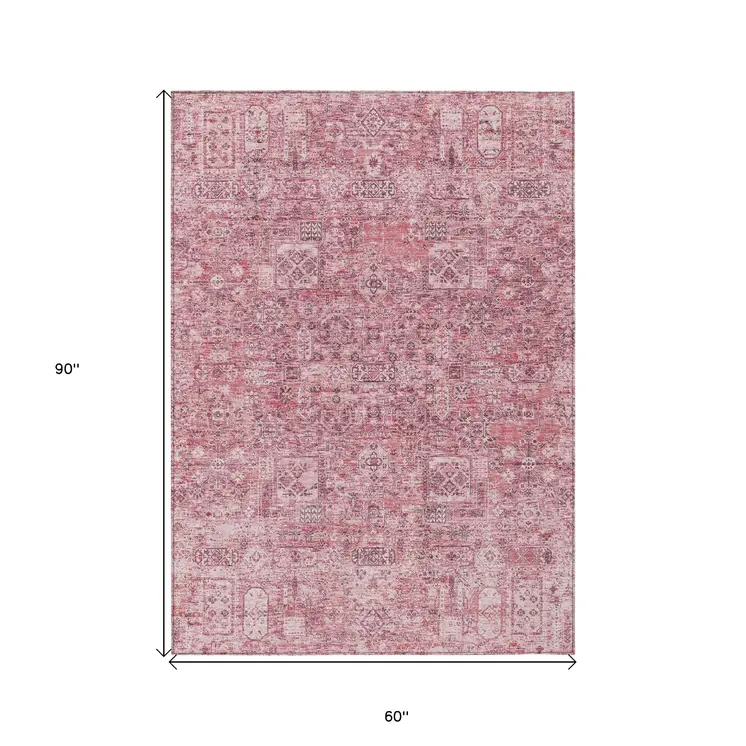 5' X 8' Pink Blush And Charcoal Floral Washable Indoor Outdoor Area Rug
