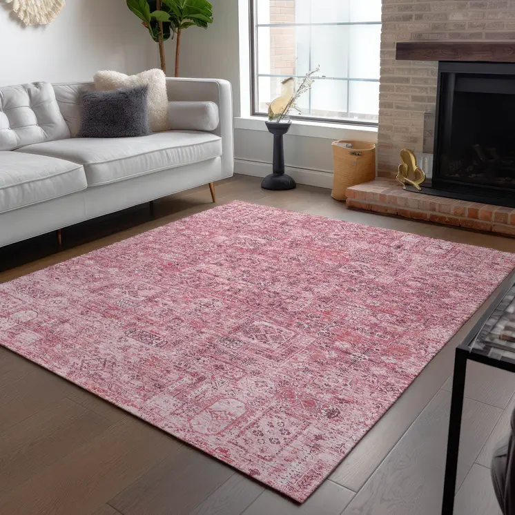 5' X 8' Pink Blush And Charcoal Floral Washable Indoor Outdoor Area Rug