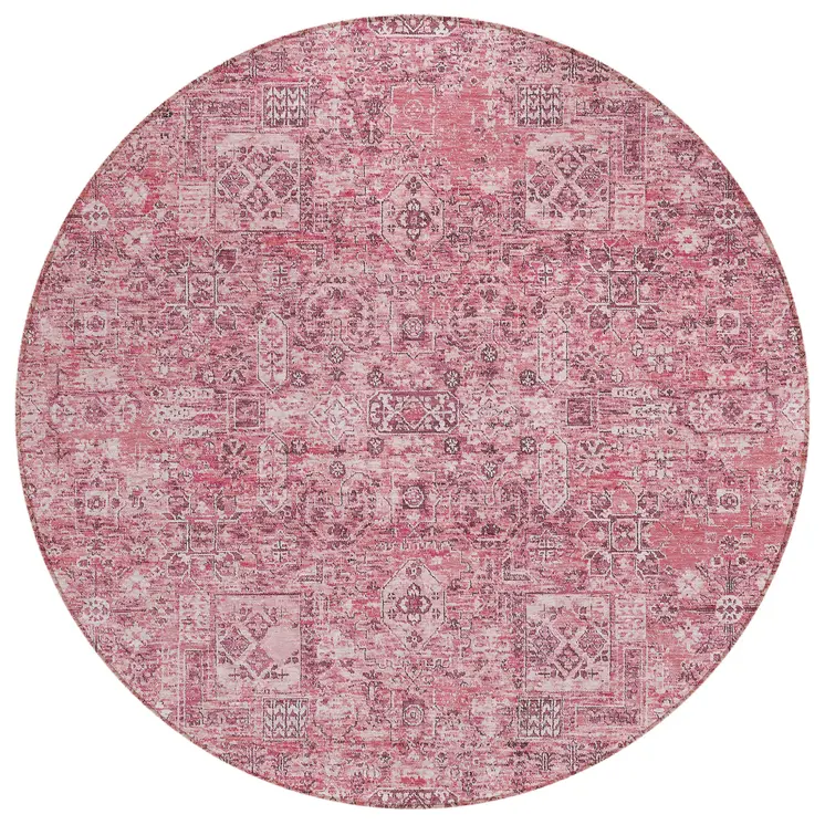 8' Pink Blush And Charcoal Round Floral Washable Indoor Outdoor Area Rug