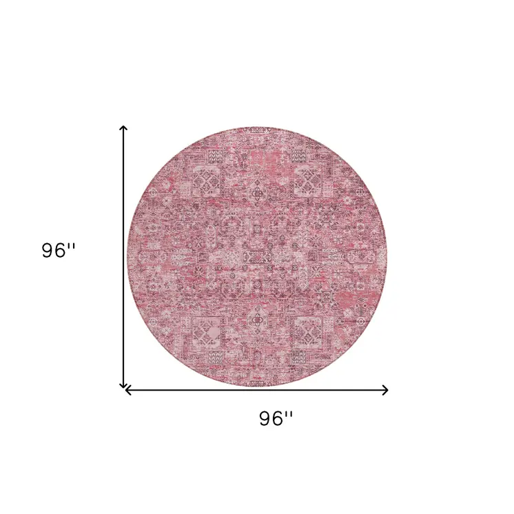 8' Pink Blush And Charcoal Round Floral Washable Indoor Outdoor Area Rug
