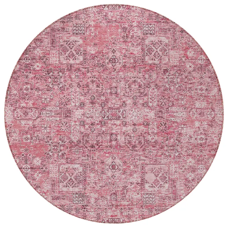 8' Pink Blush And Charcoal Round Floral Washable Indoor Outdoor Area Rug