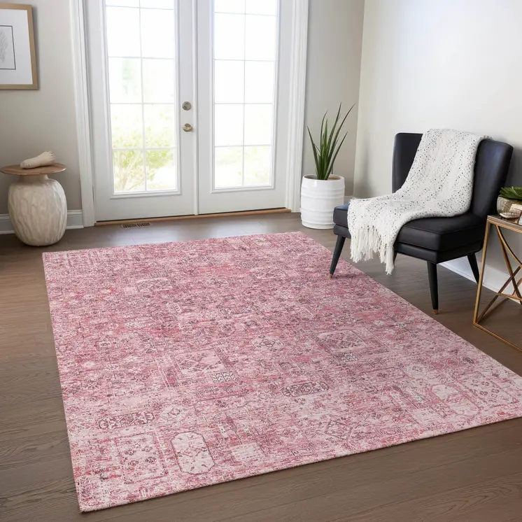 10' X 14' Pink Blush And Charcoal Floral Washable Indoor Outdoor Area Rug