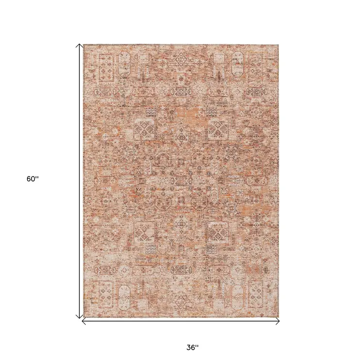 3' X 5' Salmon Orange And Gray Floral Washable Indoor Outdoor Area Rug