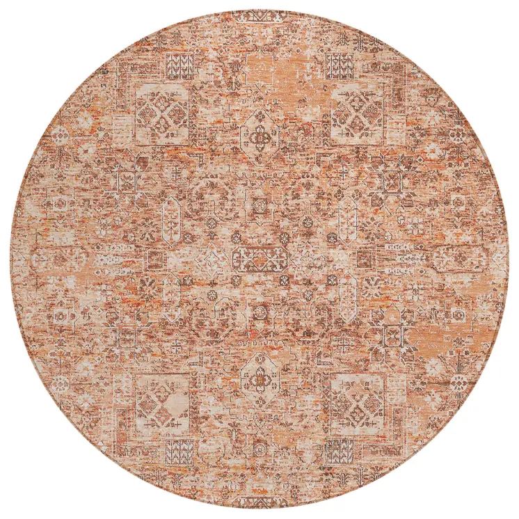 8' Salmon Orange And Gray Round Floral Washable Indoor Outdoor Area Rug