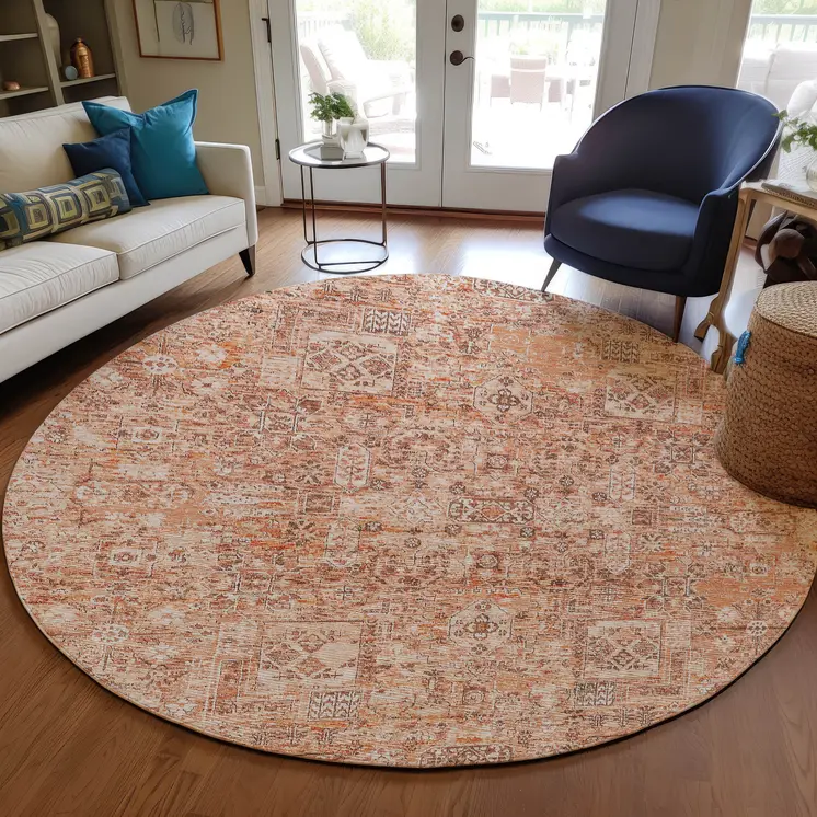 8' Salmon Orange And Gray Round Floral Washable Indoor Outdoor Area Rug