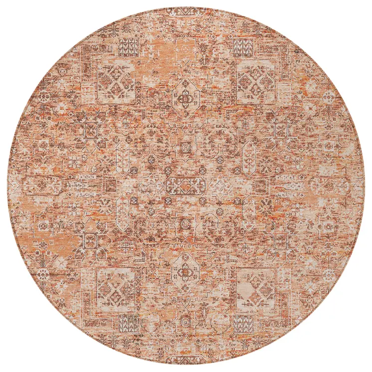 8' Salmon Orange And Gray Round Floral Washable Indoor Outdoor Area Rug