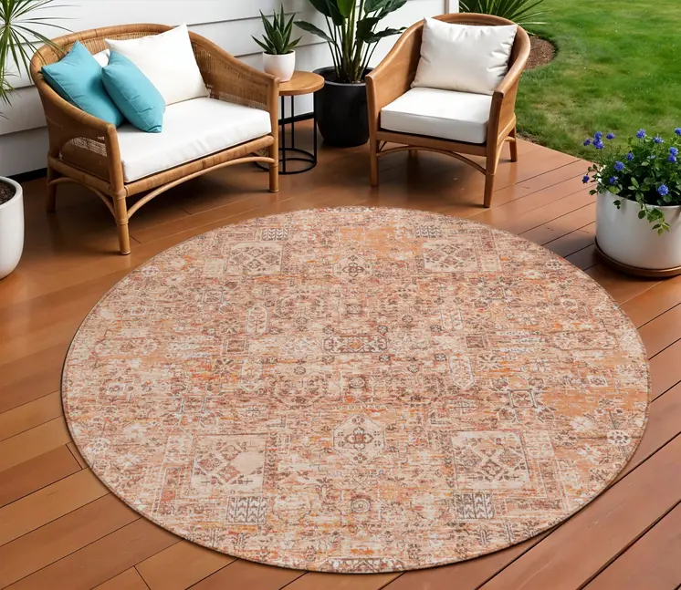 8' Salmon Orange And Gray Round Floral Washable Indoor Outdoor Area Rug