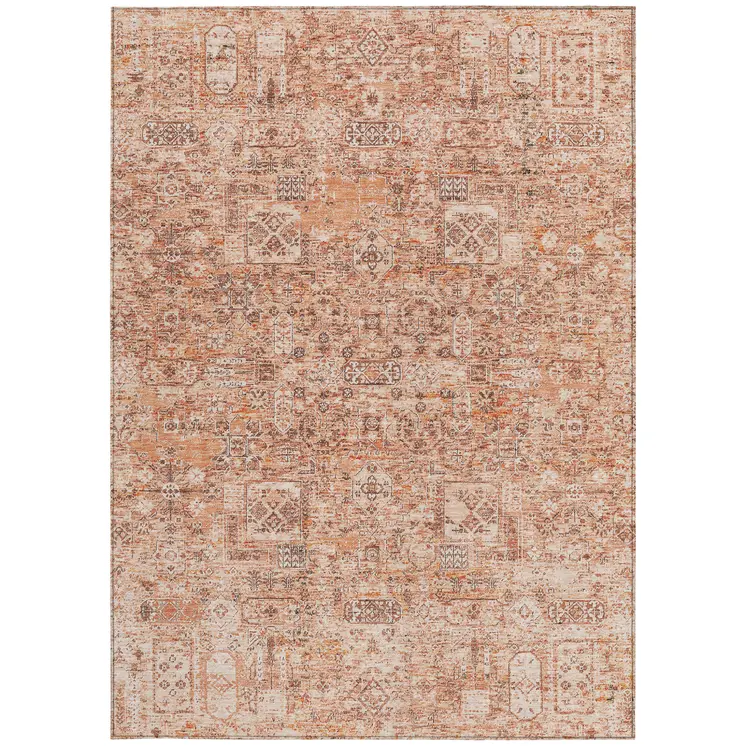10' X 14' Salmon Orange And Gray Floral Washable Indoor Outdoor Area Rug