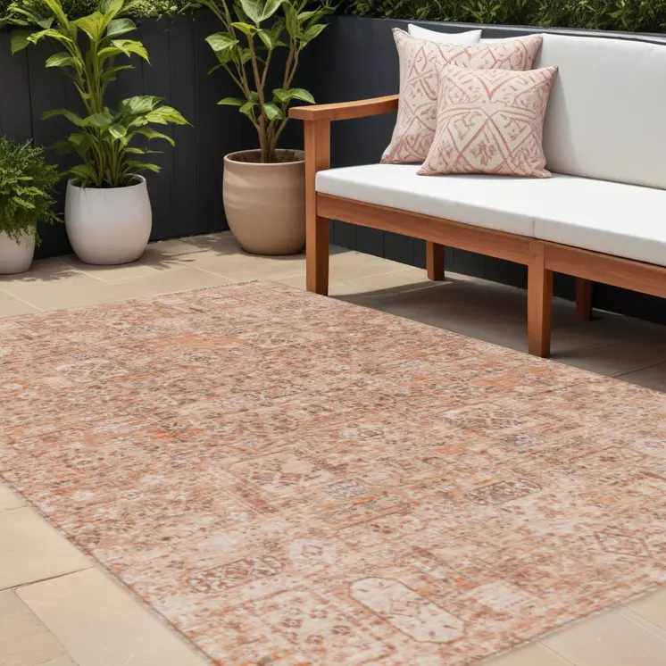 10' X 14' Salmon Orange And Gray Floral Washable Indoor Outdoor Area Rug