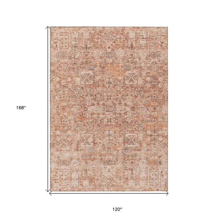 10' X 14' Salmon Orange And Gray Floral Washable Indoor Outdoor Area Rug