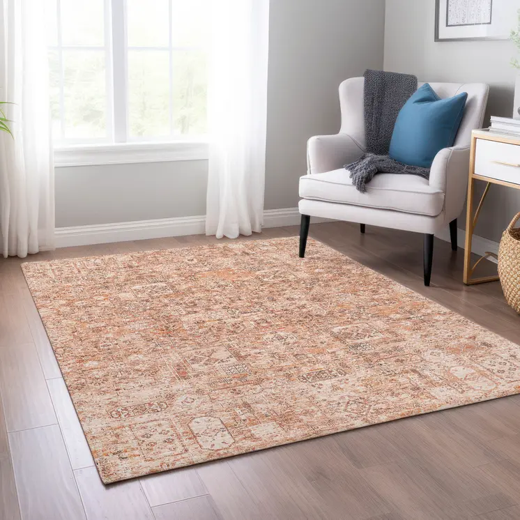 10' X 14' Salmon Orange And Gray Floral Washable Indoor Outdoor Area Rug