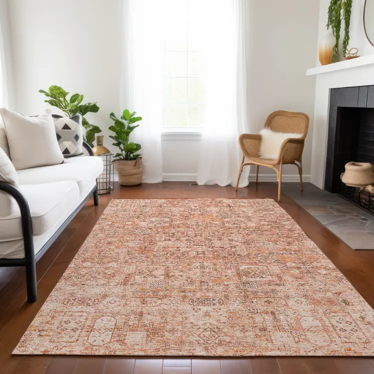 10' X 14' Salmon Orange And Gray Floral Washable Indoor Outdoor Area Rug