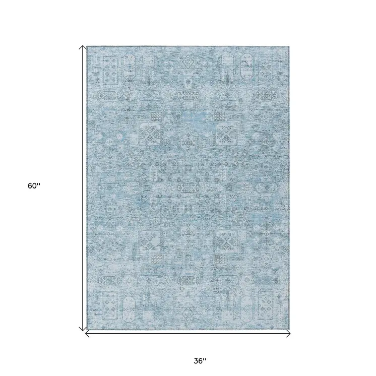 3' X 5' Sky Blue And Denim Blue Floral Washable Indoor Outdoor Area Rug