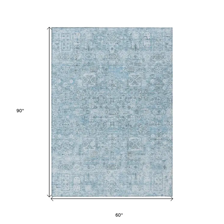 5' X 8' Sky Blue And Denim Blue Floral Washable Indoor Outdoor Area Rug