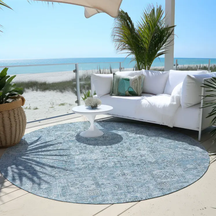 8' Sky Blue And Denim Blue Round Floral Washable Indoor Outdoor Area Rug