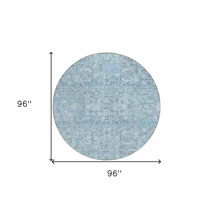 8' Sky Blue And Denim Blue Round Floral Washable Indoor Outdoor Area Rug
