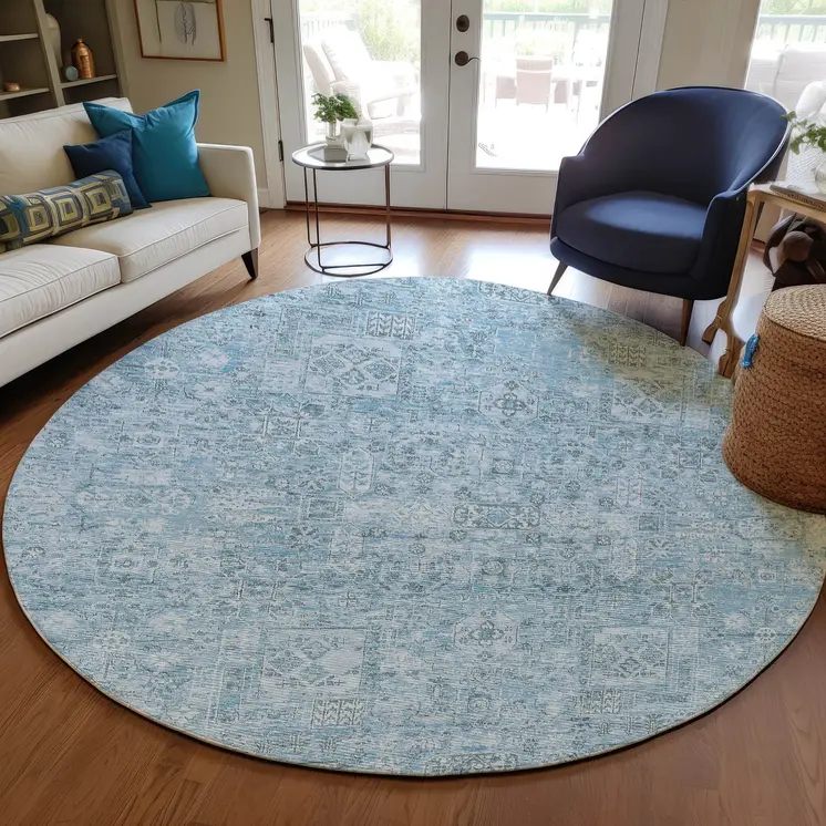 8' Sky Blue And Denim Blue Round Floral Washable Indoor Outdoor Area Rug