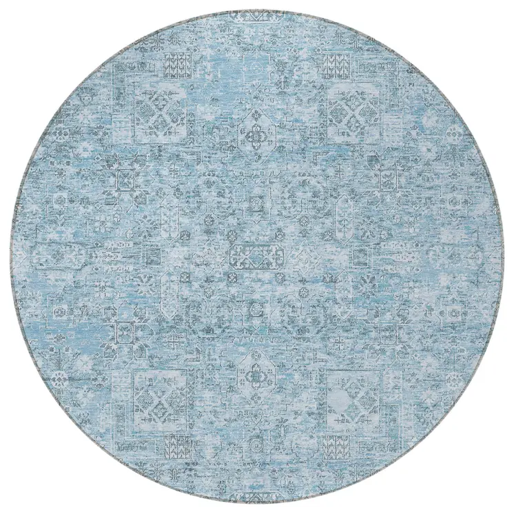 8' Sky Blue And Denim Blue Round Floral Washable Indoor Outdoor Area Rug