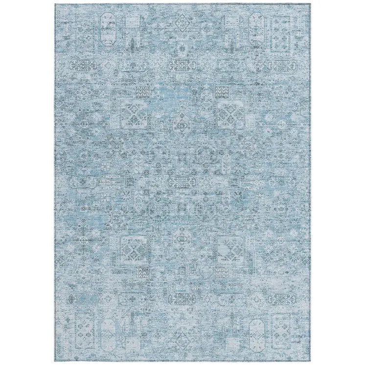 9' X 12' Sky Blue And Denim Blue Floral Washable Indoor Outdoor Area Rug
