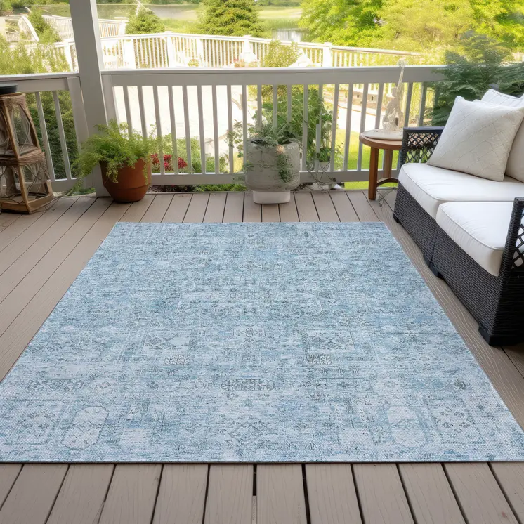 9' X 12' Sky Blue And Denim Blue Floral Washable Indoor Outdoor Area Rug