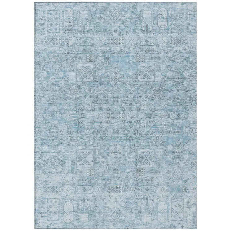 9' X 12' Sky Blue And Denim Blue Floral Washable Indoor Outdoor Area Rug
