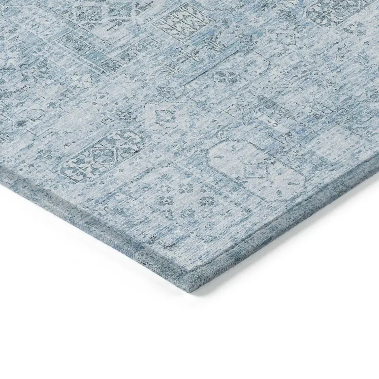 9' X 12' Sky Blue And Denim Blue Floral Washable Indoor Outdoor Area Rug