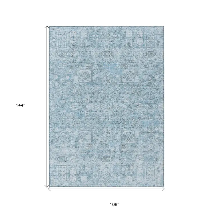 9' X 12' Sky Blue And Denim Blue Floral Washable Indoor Outdoor Area Rug