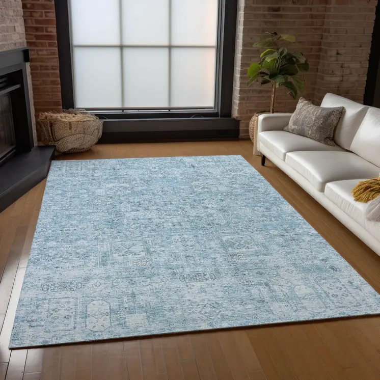 9' X 12' Sky Blue And Denim Blue Floral Washable Indoor Outdoor Area Rug