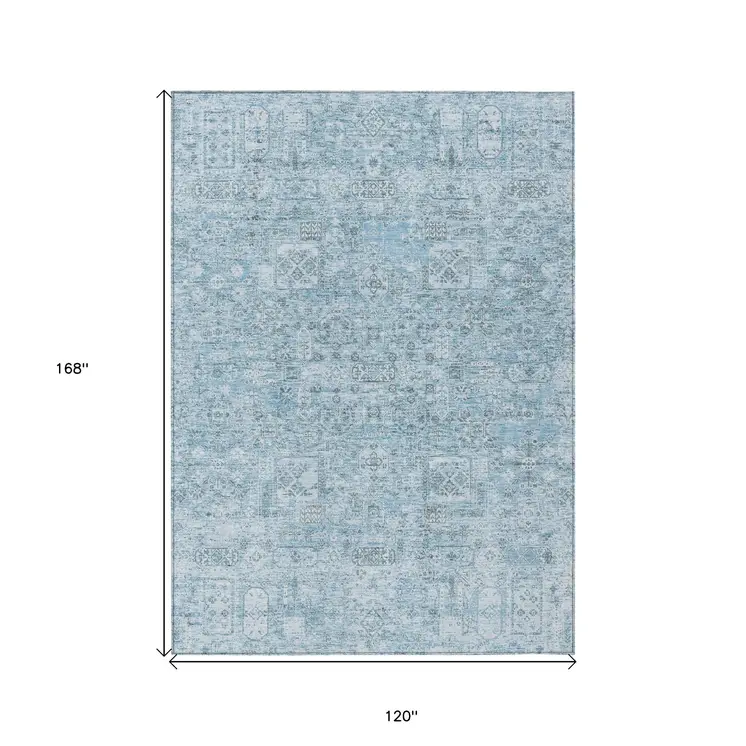 10' X 14' Sky Blue And Denim Blue Floral Washable Indoor Outdoor Area Rug