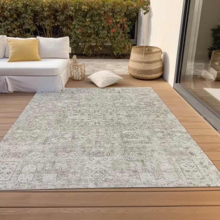 3' X 5' Taupe Beige And Gray Floral Washable Indoor Outdoor Area Rug