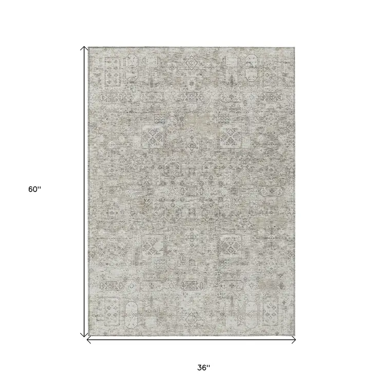 3' X 5' Taupe Beige And Gray Floral Washable Indoor Outdoor Area Rug