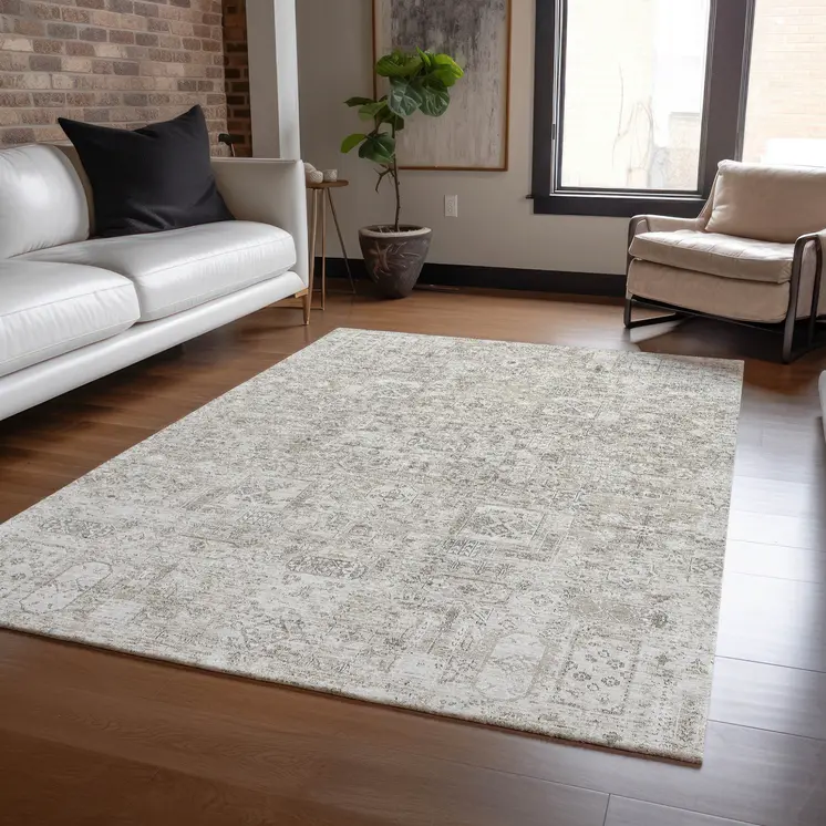 3' X 5' Taupe Beige And Gray Floral Washable Indoor Outdoor Area Rug