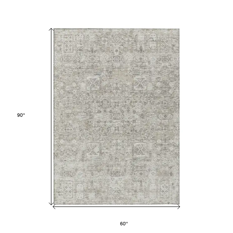 5' X 8' Taupe Beige And Gray Floral Washable Indoor Outdoor Area Rug