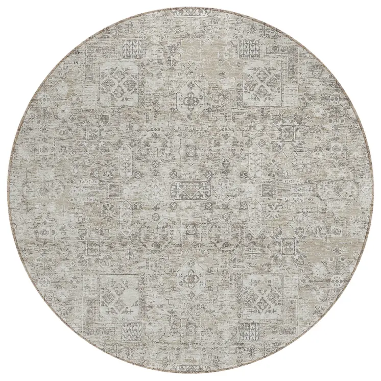 8' Taupe Beige And Gray Round Floral Washable Indoor Outdoor Area Rug