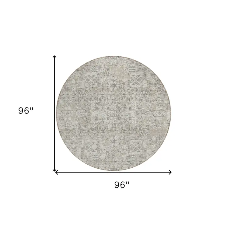8' Taupe Beige And Gray Round Floral Washable Indoor Outdoor Area Rug
