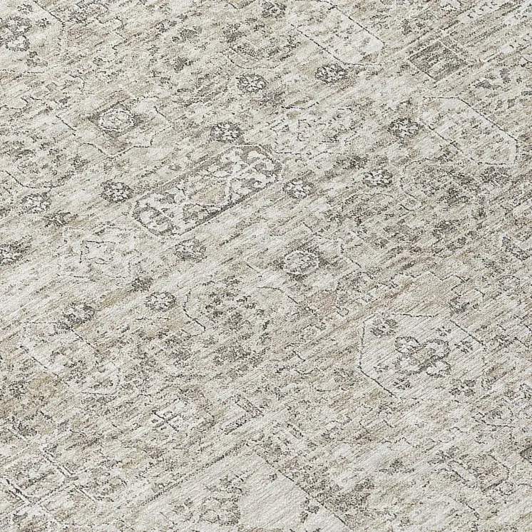 8' Taupe Beige And Gray Round Floral Washable Indoor Outdoor Area Rug