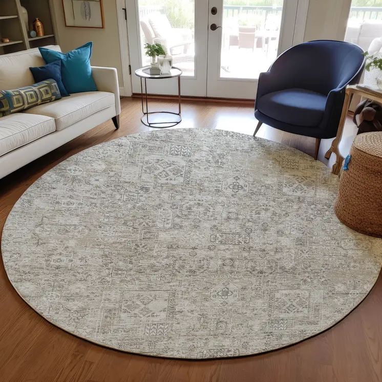 8' Taupe Beige And Gray Round Floral Washable Indoor Outdoor Area Rug