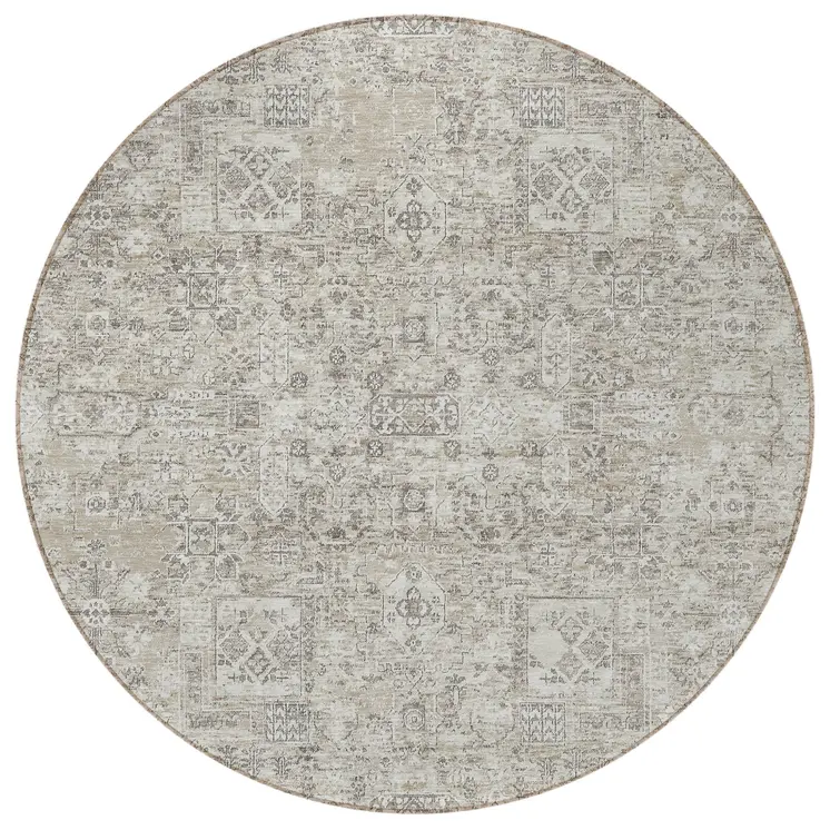 8' Taupe Beige And Gray Round Floral Washable Indoor Outdoor Area Rug