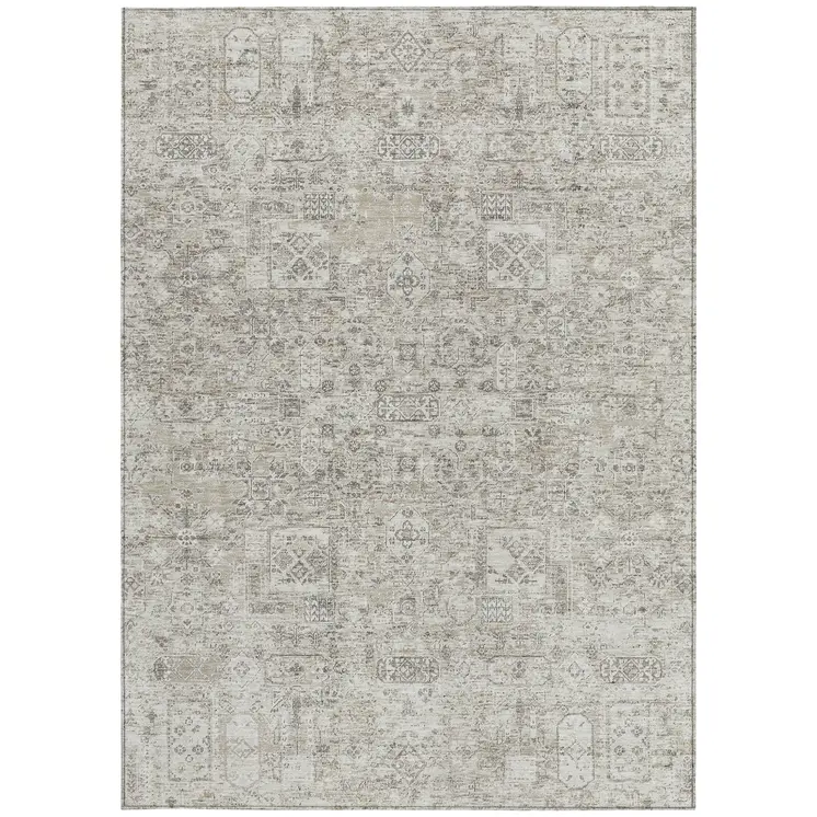 8' X 10' Taupe Beige And Gray Floral Washable Indoor Outdoor Area Rug