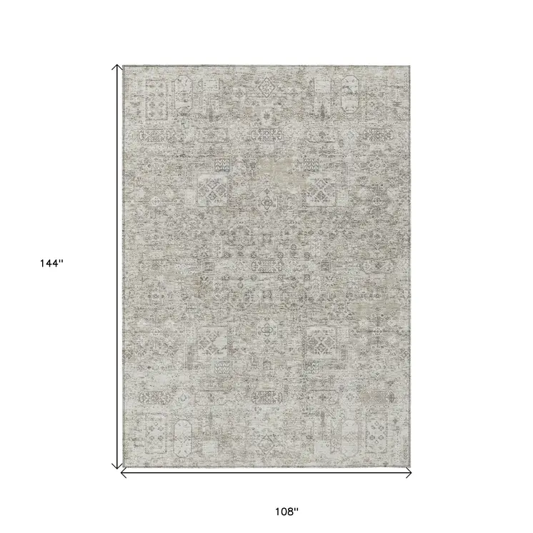 9' X 12' Taupe Beige And Gray Floral Washable Indoor Outdoor Area Rug