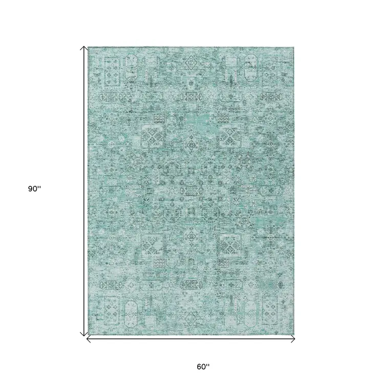 5' X 8' Teal Blue Aqua And Gray Floral Washable Indoor Outdoor Area Rug
