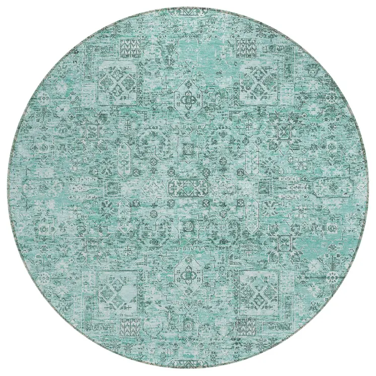 8' Teal Blue Aqua And Gray Round Floral Washable Indoor Outdoor Area Rug