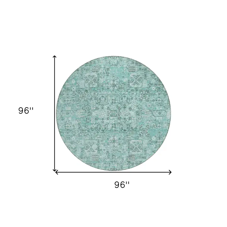 8' Teal Blue Aqua And Gray Round Floral Washable Indoor Outdoor Area Rug