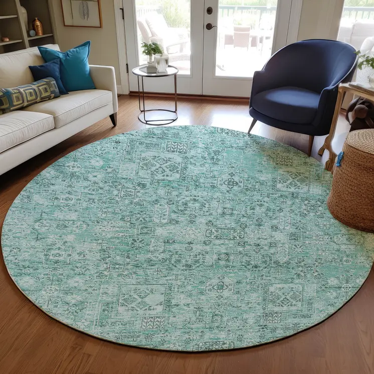 8' Teal Blue Aqua And Gray Round Floral Washable Indoor Outdoor Area Rug