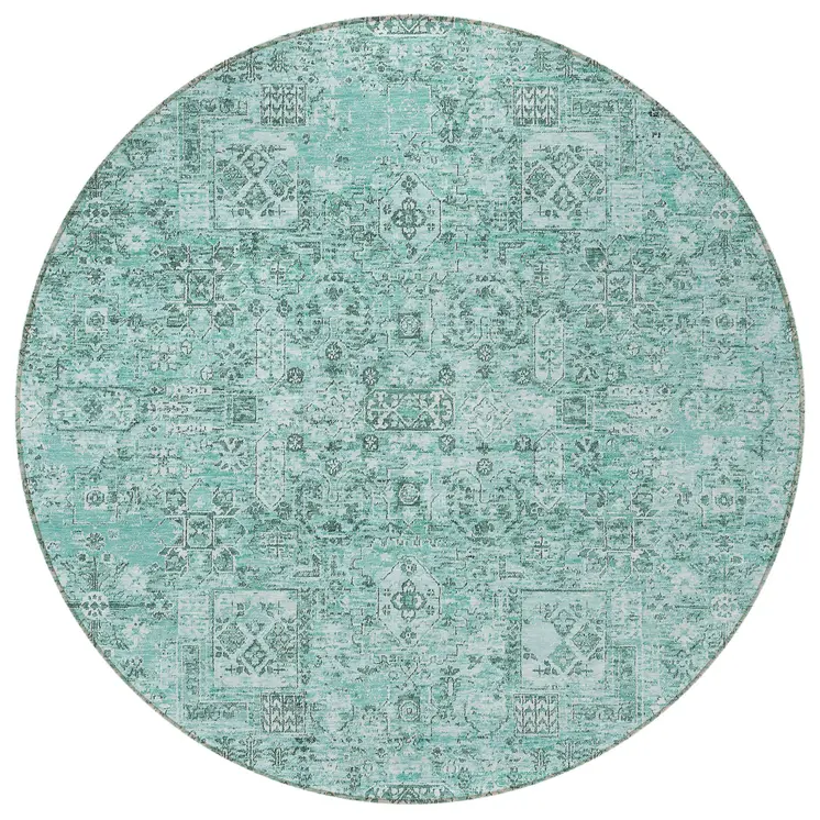 8' Teal Blue Aqua And Gray Round Floral Washable Indoor Outdoor Area Rug