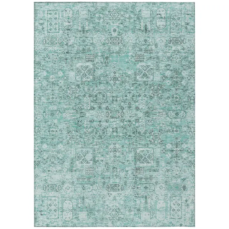 9' X 12' Teal Blue Aqua And Gray Floral Washable Indoor Outdoor Area Rug