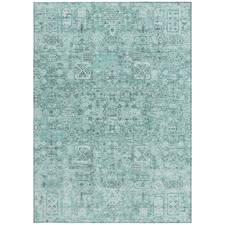 10' X 14' Teal Blue Aqua And Gray Floral Washable Indoor Outdoor Area Rug